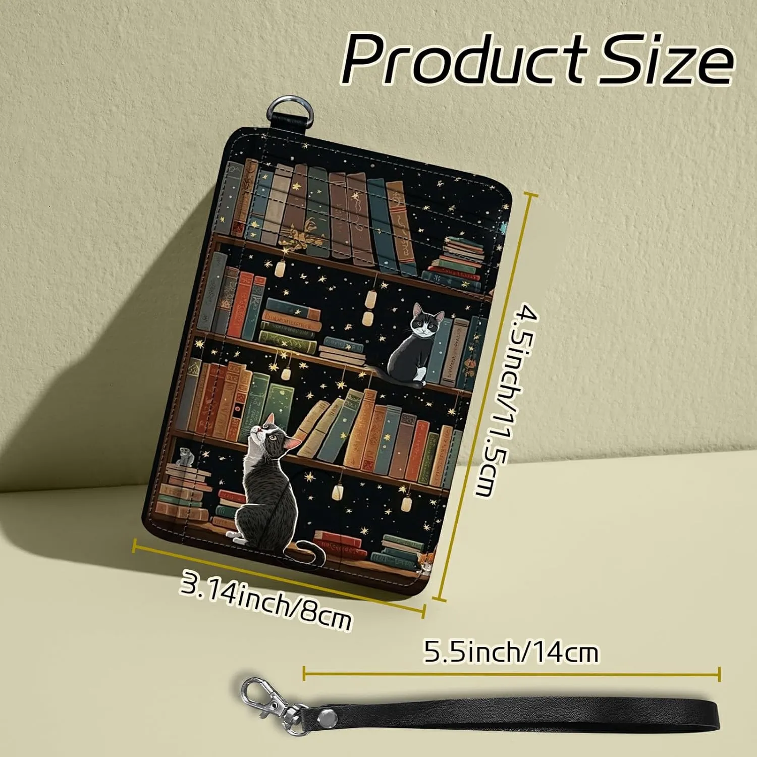Small Travel Wallets, Cat Library Slim Minimalist Front Pocket Wallet with Wristlet, RFID Blocking PU Leather Credit Card Holder with ID Window Change Purse for Men Women