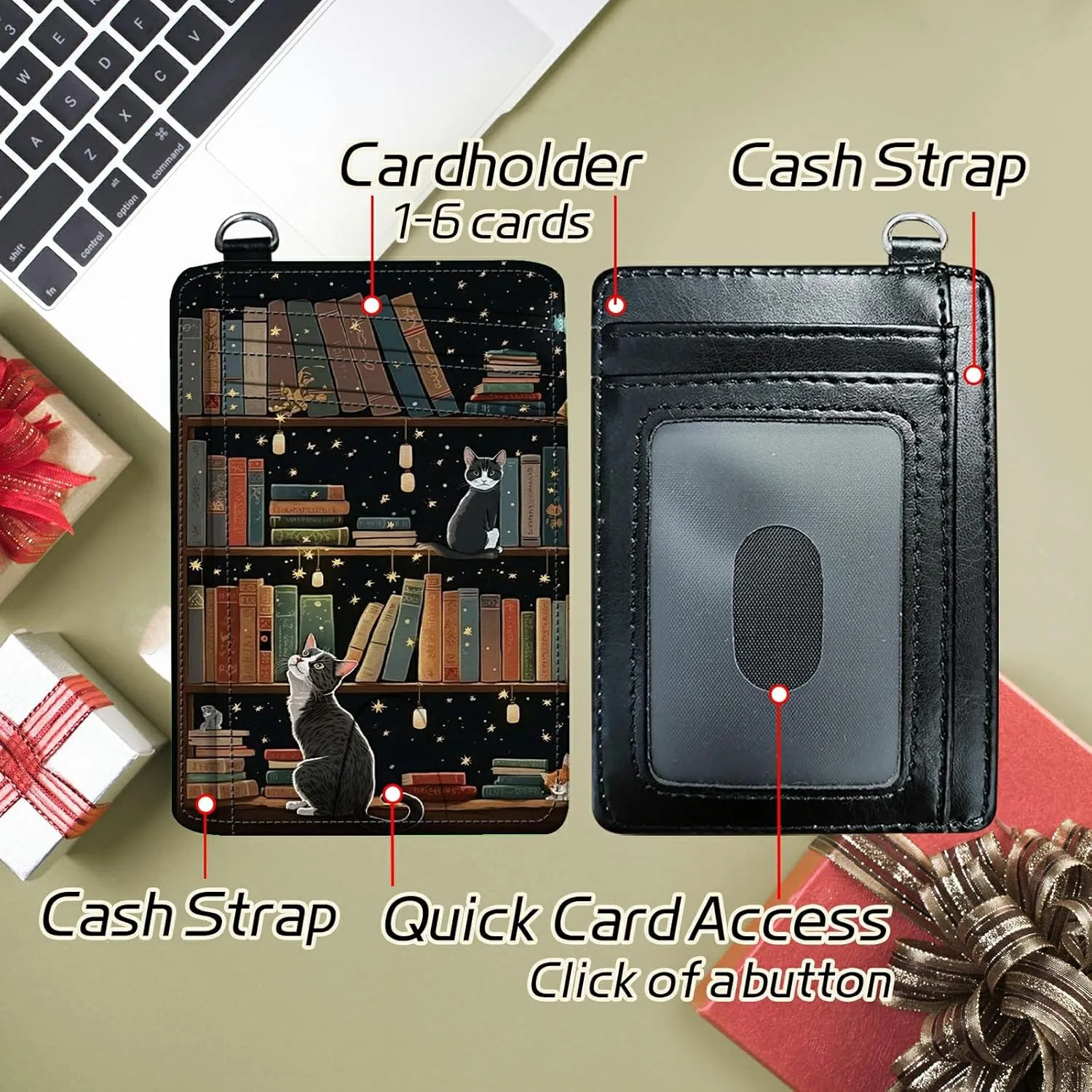 Small Travel Wallets, Cat Library Slim Minimalist Front Pocket Wallet with Wristlet, RFID Blocking PU Leather Credit Card Holder with ID Window Change Purse for Men Women