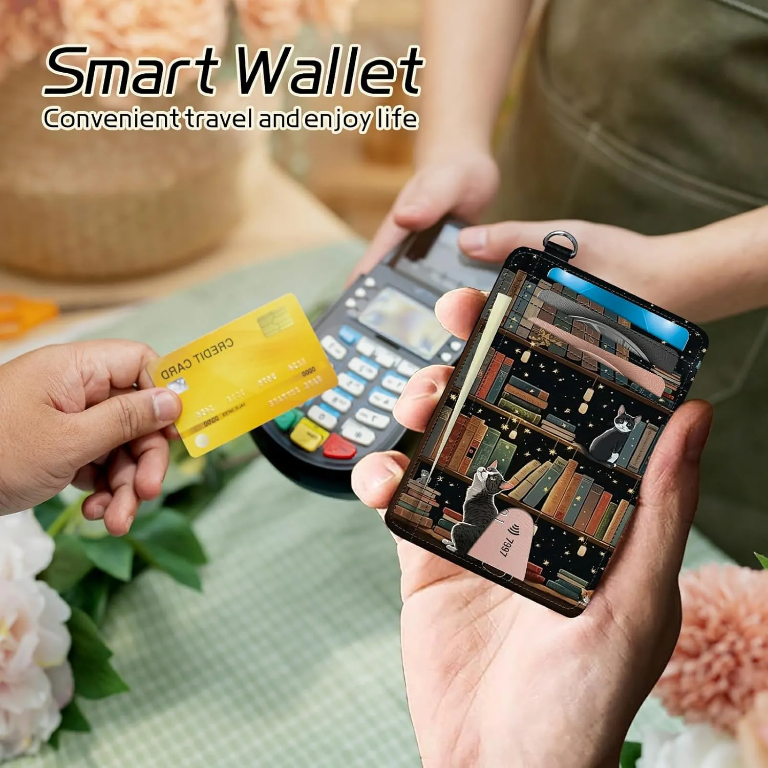 Small Travel Wallets, Cat Library Slim Minimalist Front Pocket Wallet with Wristlet, RFID Blocking PU Leather Credit Card Holder with ID Window Change Purse for Men Women