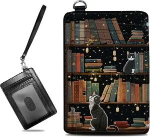 Small Travel Wallets, Cat Library Slim Minimalist Front Pocket Wallet with Wristlet, RFID Blocking PU Leather Credit Card Holder with ID Window Change Purse for Men Women