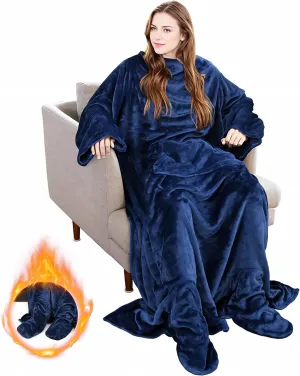 Solaris Wearable Blanket with Sleeves and Foot Pocket for Women Men, Super Snuggy Soft Cozy Fleece TV Body Throw Blanket for Lounge Office Home Sofa, Navy