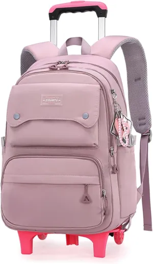 Solid Color Girls Rolling Backpack with Wheels Schoolbag Elementary School Student Trolley Daypack