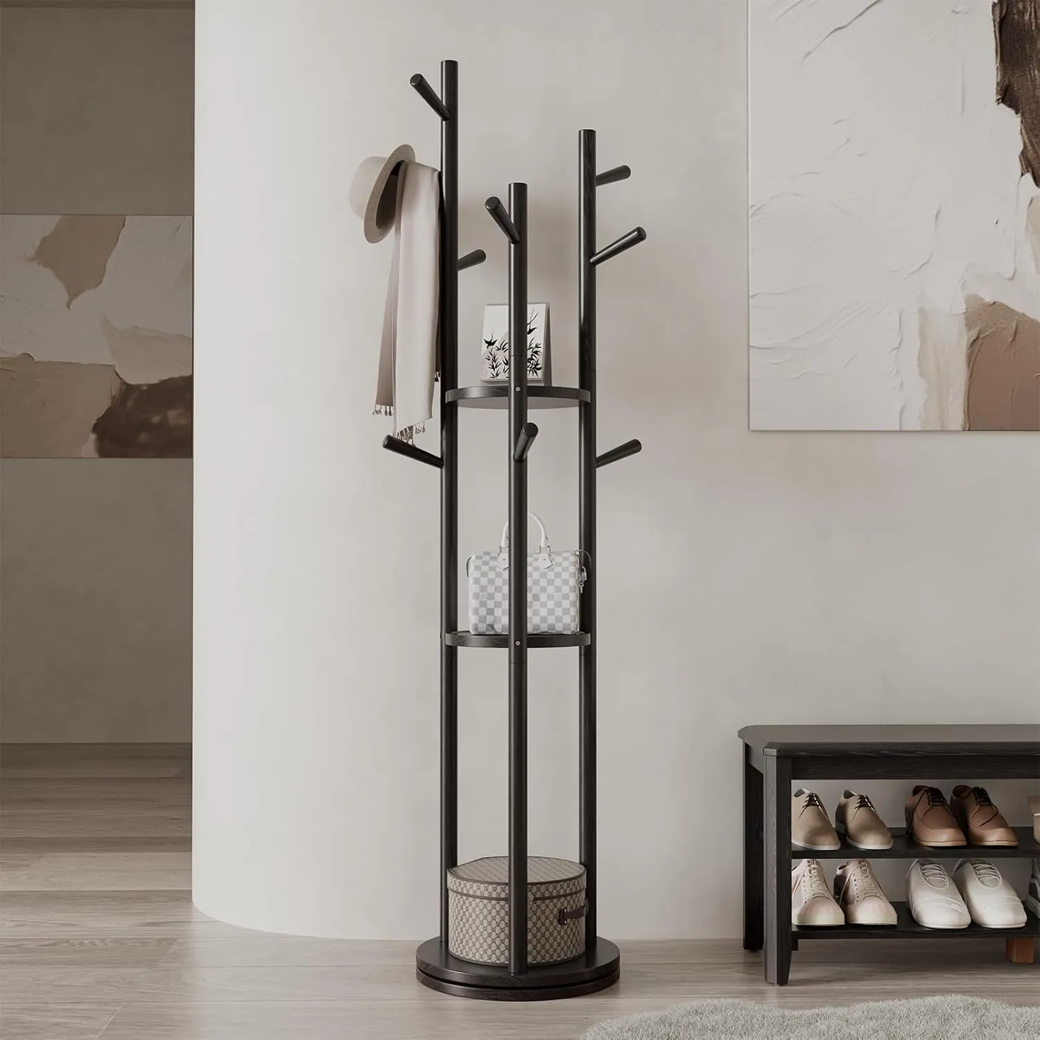 Solid Wood Rotary Coat Rack, Freestanding Coat Rack with 3 Shelves and 9 Hooks, Coat tree for Bedroom, Entryway, Livingroom, Coat Hanger Stand for Coats, Scarves, Handbags (Black)