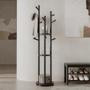 Solid Wood Rotary Coat Rack, Freestanding Coat Rack with 3 Shelves and 9 Hooks, Coat tree for Bedroom, Entryway, Livingroom, Coat Hanger Stand for Coats, Scarves, Handbags (Black)