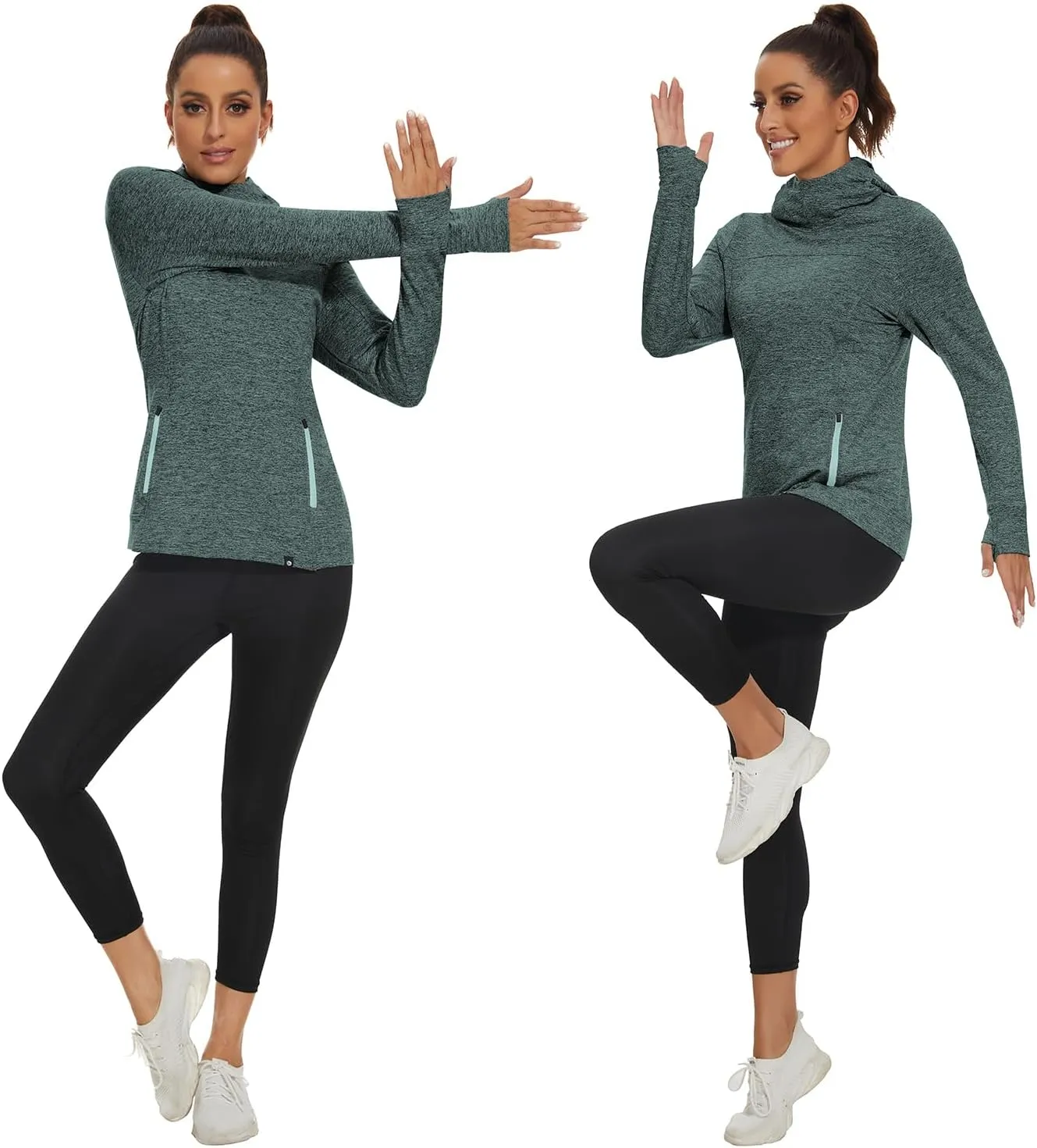 Soneven Women's Running Fleece Sweatshirts Cowl Neck Warm Pullover Hoodie Long Sleeve Thermal Shirt with Pocket
