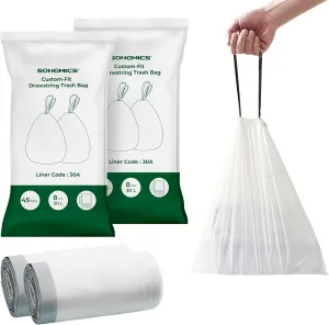 SONGMICS Trash Bags for 8-Gallon (30L) Trash Cans, 90 Count Drawstring Kitchen Garbage Bags, Pre-Separated, Liner Code 30A, 2 Rolls, White UKRB30A02