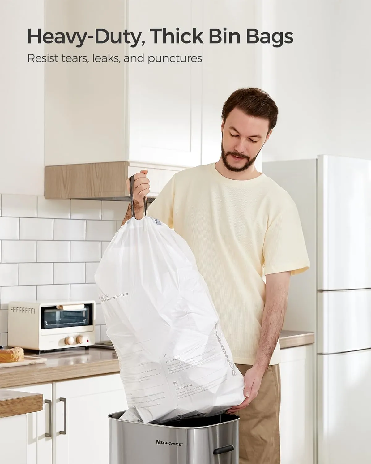 SONGMICS Trash Bags for 8-Gallon (30L) Trash Cans, 90 Count Drawstring Kitchen Garbage Bags, Pre-Separated, Liner Code 30A, 2 Rolls, White UKRB30A02