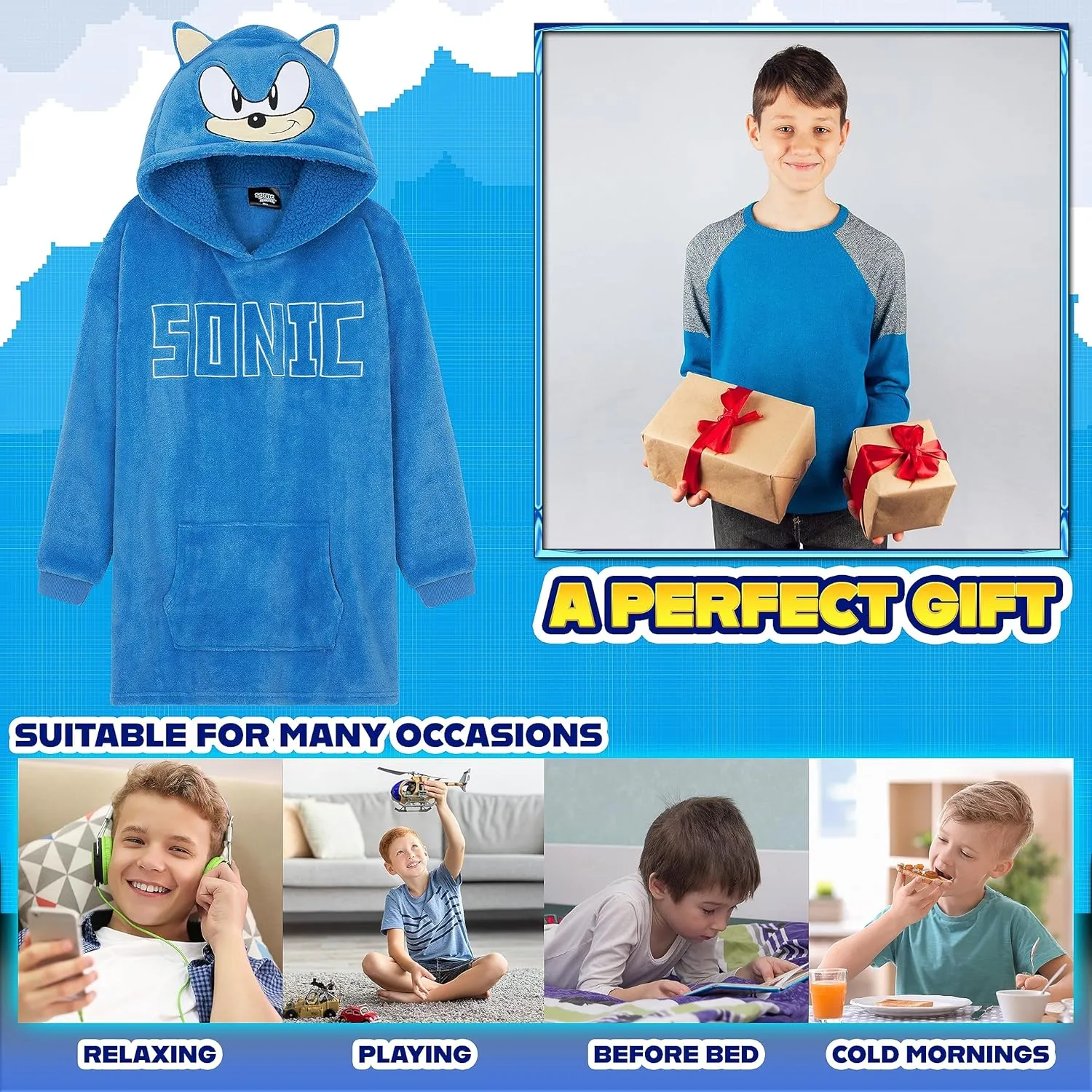 Sonic The Hedgehog Fleece Hoodie Blanket for Boys and Teenagers Oversized Fleece Poncho One Size Gaming Gifts for Boys