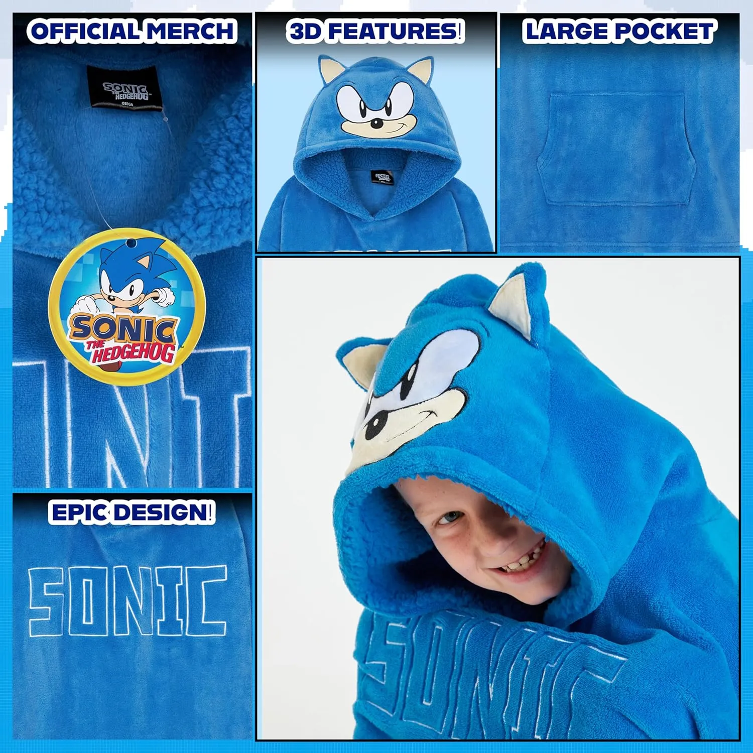 Sonic The Hedgehog Fleece Hoodie Blanket for Boys and Teenagers Oversized Fleece Poncho One Size Gaming Gifts for Boys
