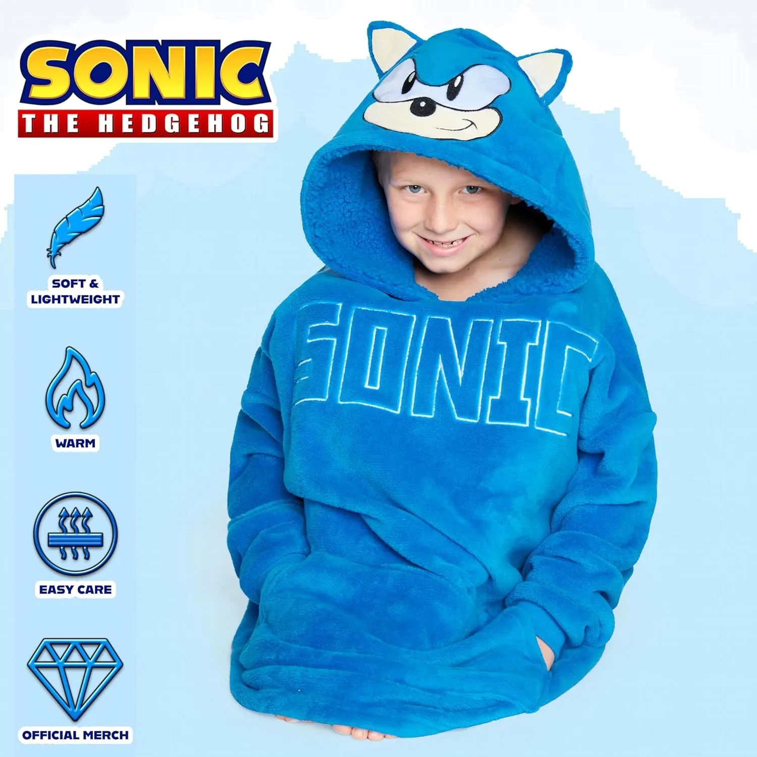 Sonic The Hedgehog Fleece Hoodie Blanket for Boys and Teenagers Oversized Fleece Poncho One Size Gaming Gifts for Boys