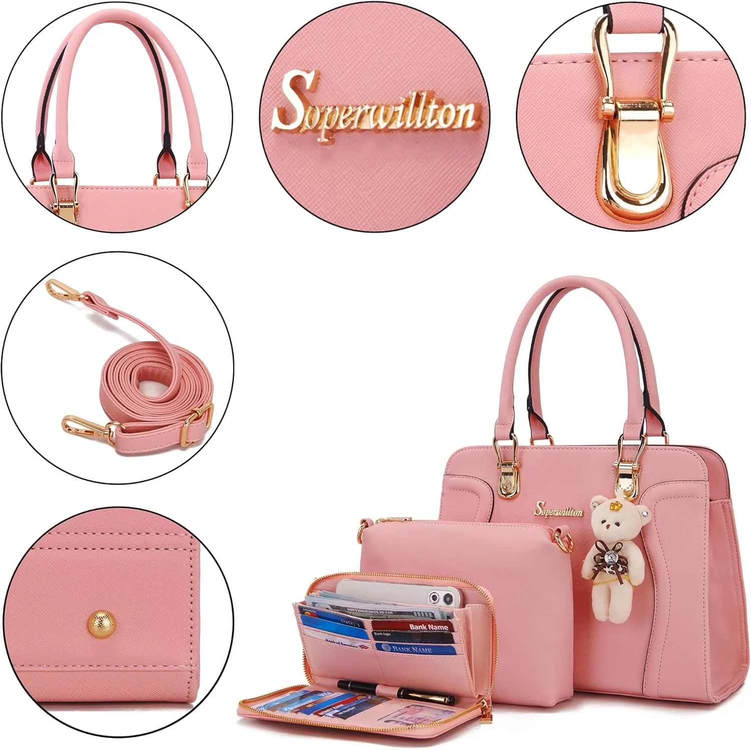 Soperwillton Purses for Women Crossbody Shoulder Handbags Top Handle Satchel Tote Bag Wallet Set 3pcs
