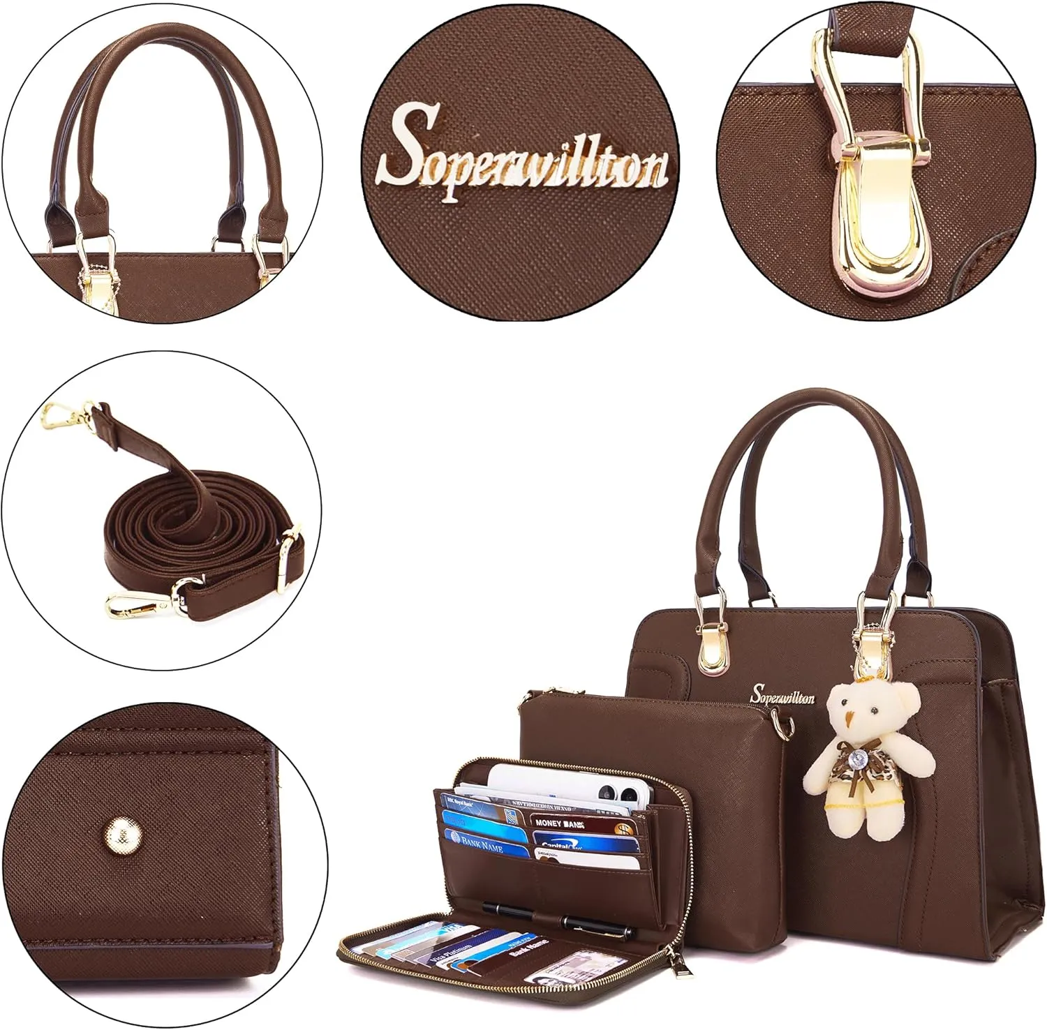 Soperwillton Purses for Women Crossbody Shoulder Handbags Top Handle Satchel Tote Bag Wallet Set 3pcs