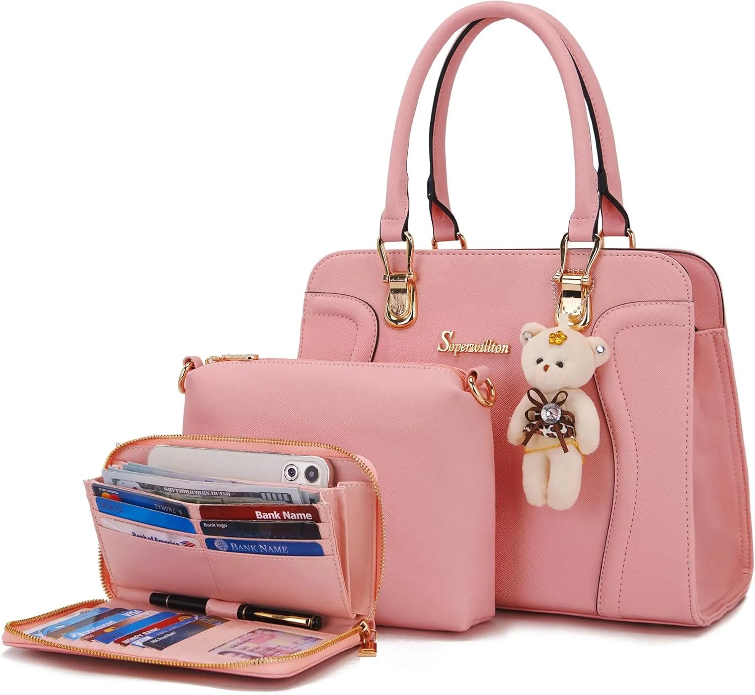 Soperwillton Purses for Women Crossbody Shoulder Handbags Top Handle Satchel Tote Bag Wallet Set 3pcs