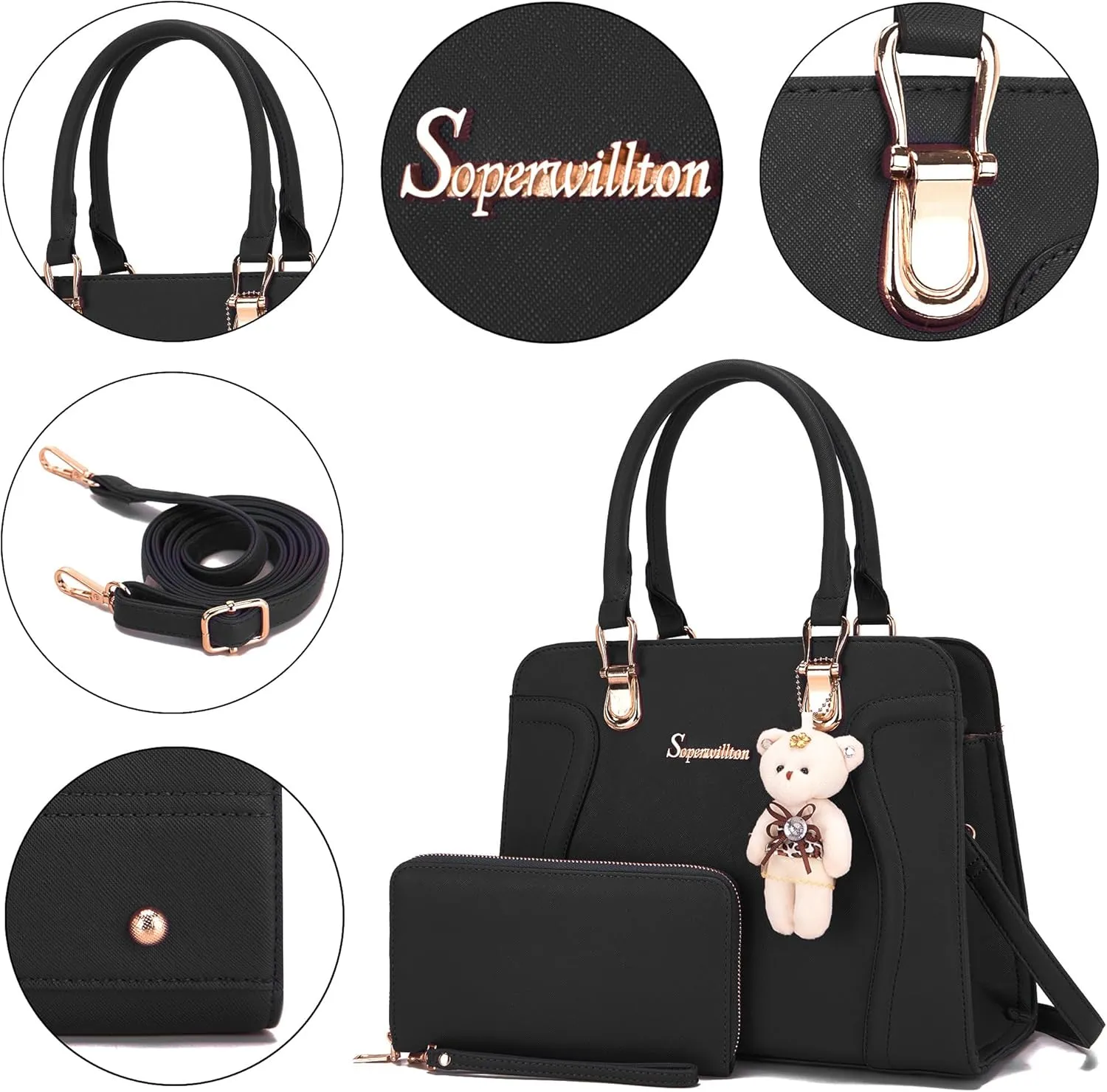Soperwillton Purses for Women Crossbody Shoulder Handbags Top Handle Satchel Tote Bag Wallet Set 3pcs