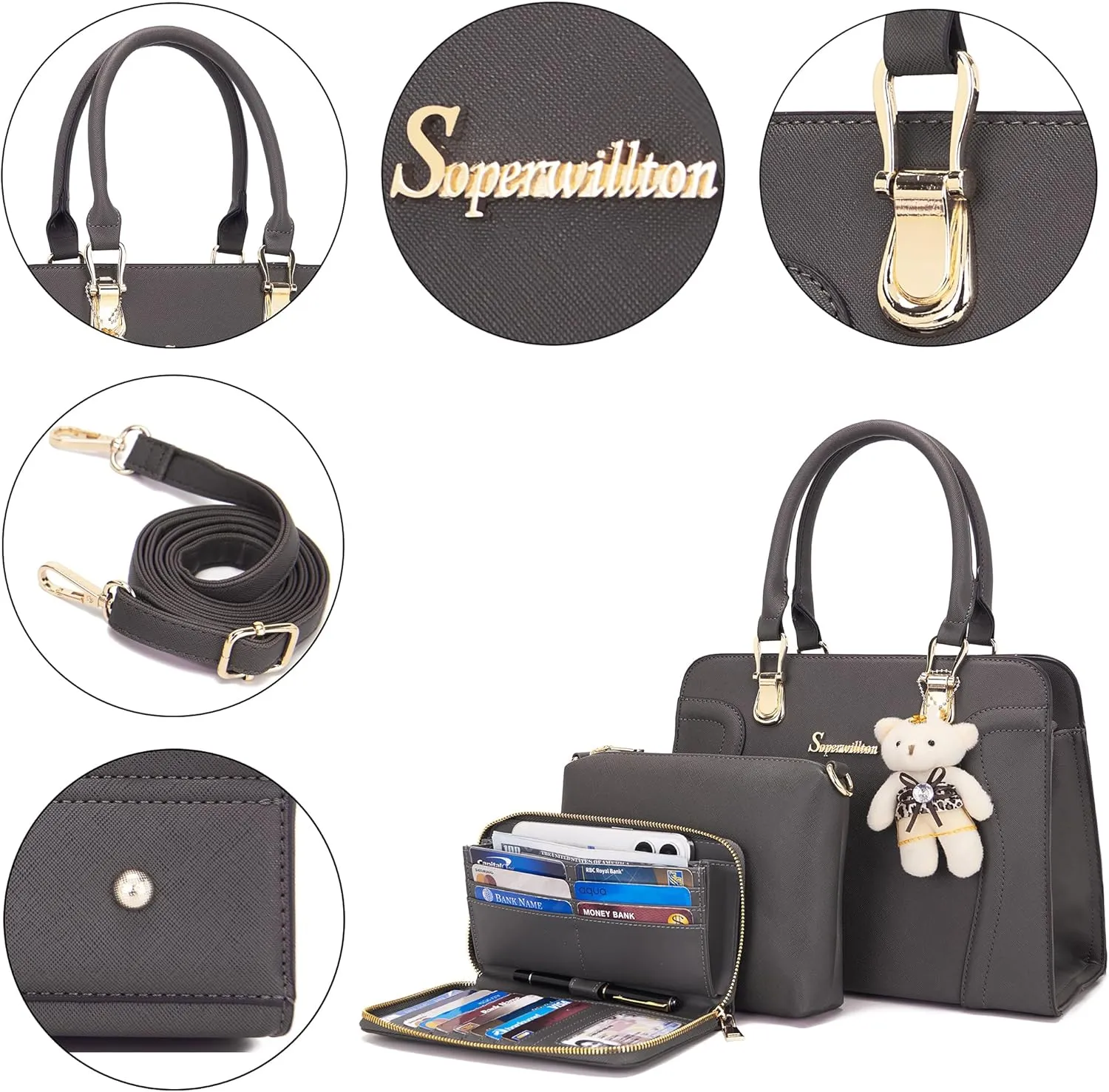 Soperwillton Purses for Women Crossbody Shoulder Handbags Top Handle Satchel Tote Bag Wallet Set 3pcs