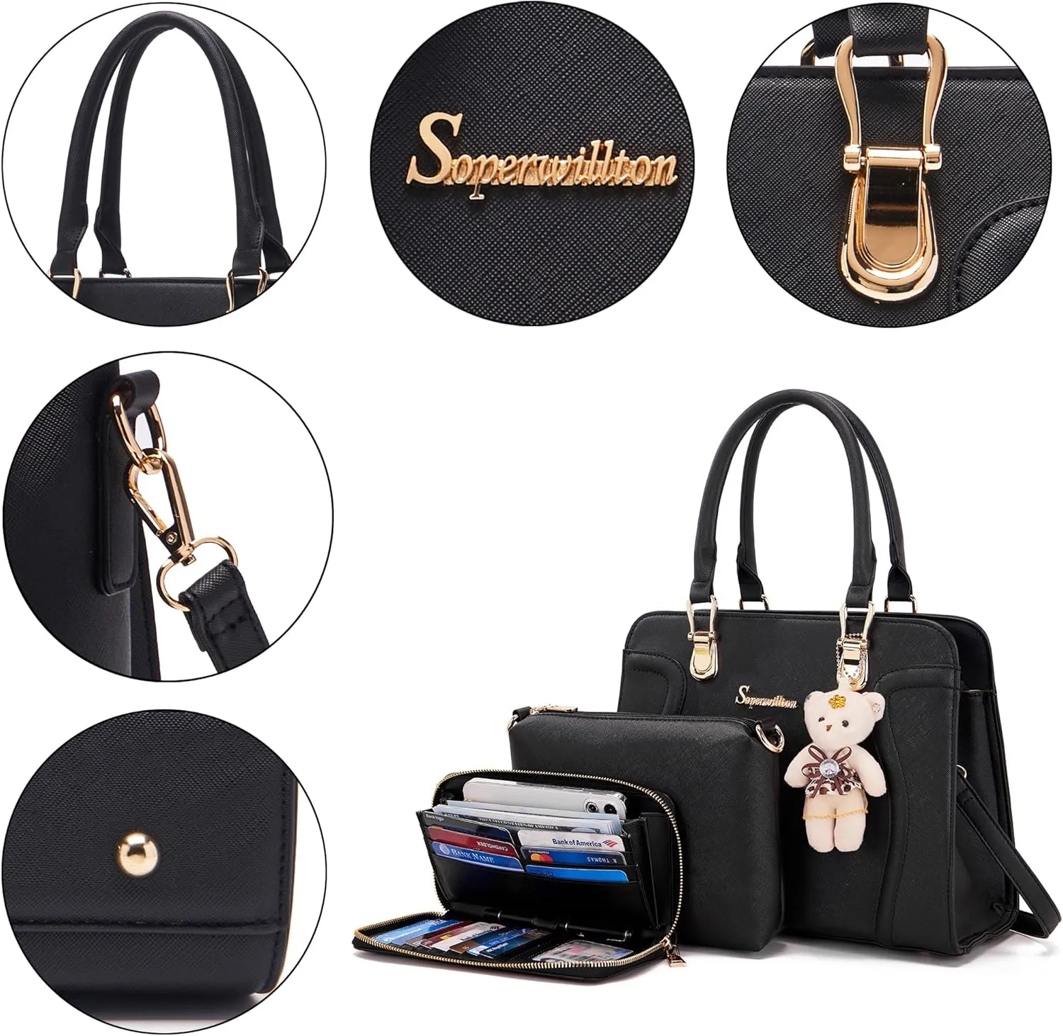 Soperwillton Purses for Women Crossbody Shoulder Handbags Top Handle Satchel Tote Bag Wallet Set 3pcs