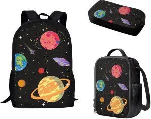 Space Planet Persistent Backpack for Boys with Lunch Box Set 3Pcs Boys Bookbag for Elementary 3 in 1 Teens Space Printed School Bag Primary Schoolbag Travel Bag Kid Backpack for Girls