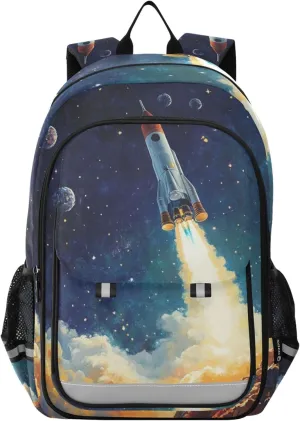 Space Rocket Launch Backpack Lightweight Bookbag Laptop Backpack College School Bag for Teen Boys and Girls with Reflective Stripes