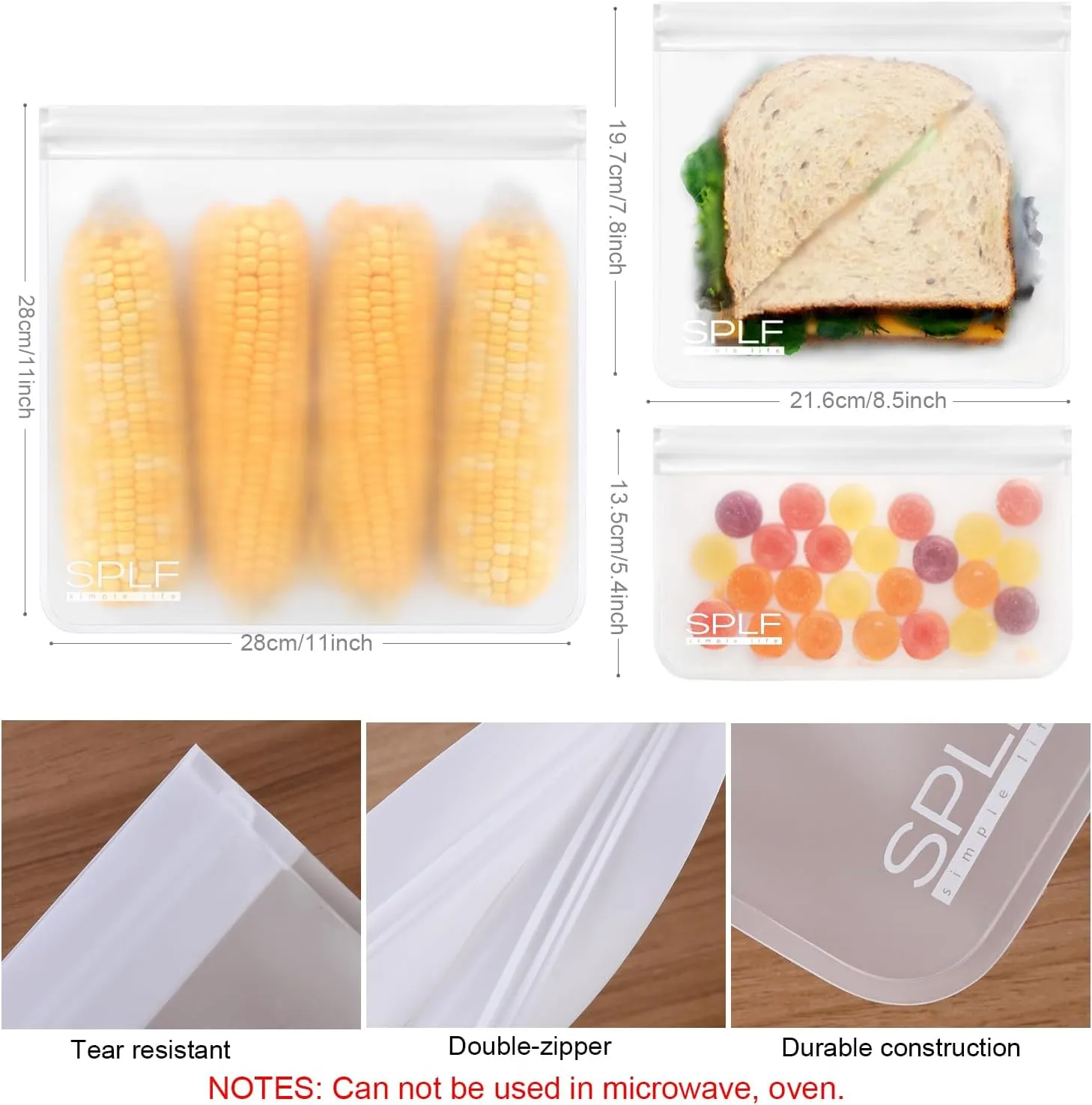 SPLF 10 Pack Dishwasher Safe Reusable Sandwich Bags, Reusable Storage Bags, BPA Free Quart Freezer Bags Leakproof Silicone and Plastic Free Lunch Bags Food Storage