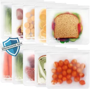 SPLF 10 Pack Dishwasher Safe Reusable Sandwich Bags, Reusable Storage Bags, BPA Free Quart Freezer Bags Leakproof Silicone and Plastic Free Lunch Bags Food Storage