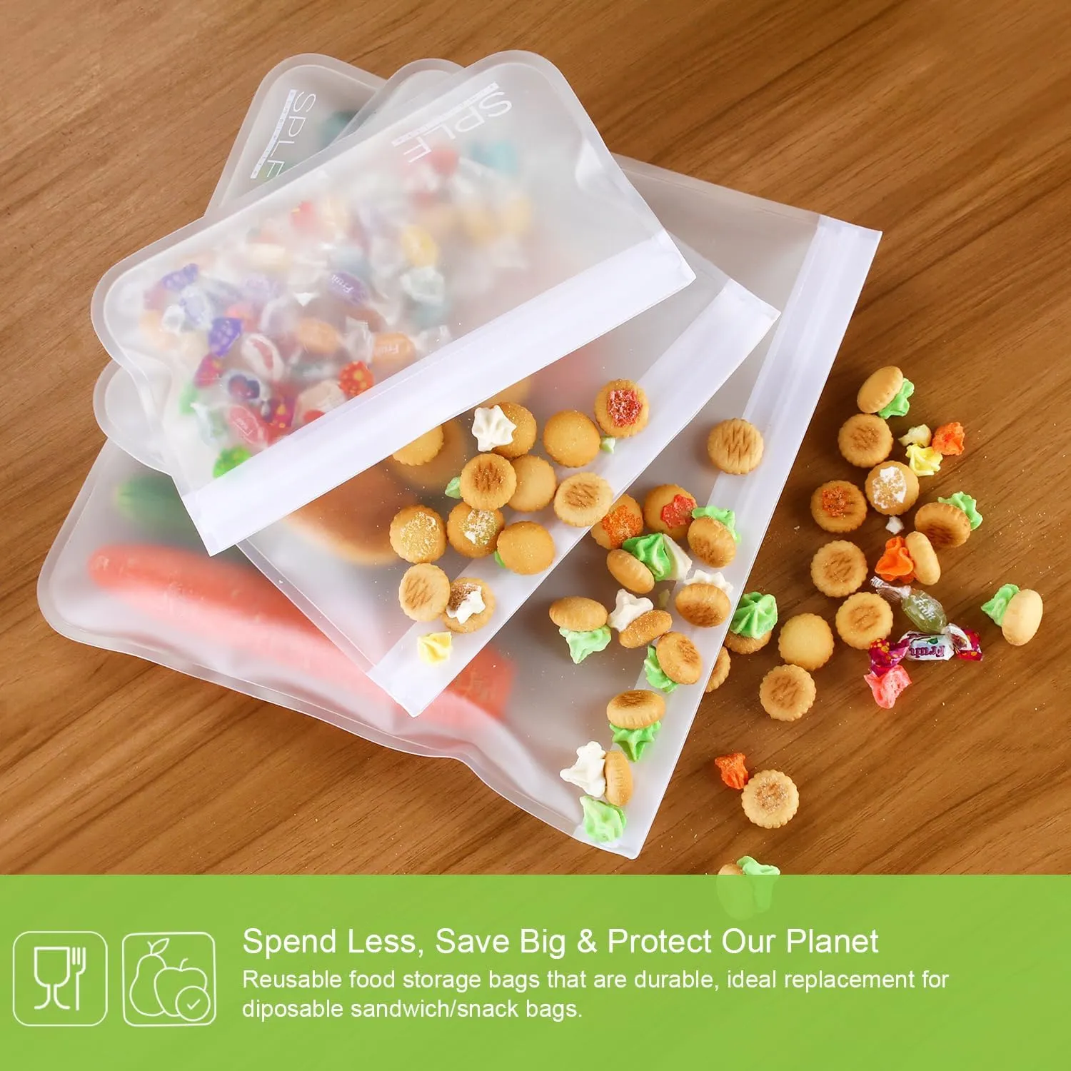 SPLF 10 Pack Dishwasher Safe Reusable Sandwich Bags, Reusable Storage Bags, BPA Free Quart Freezer Bags Leakproof Silicone and Plastic Free Lunch Bags Food Storage