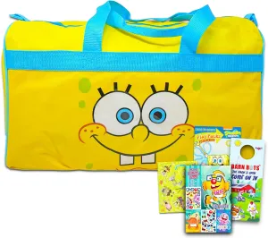 Spongebob Duffle Bag Set For Kids - 4 Pc Bundle With Spongebob Luggage Carry On Suitcase Bag, Spongebob Coloring Book, Stickers, and More (Spongebob Travel Activity Set)