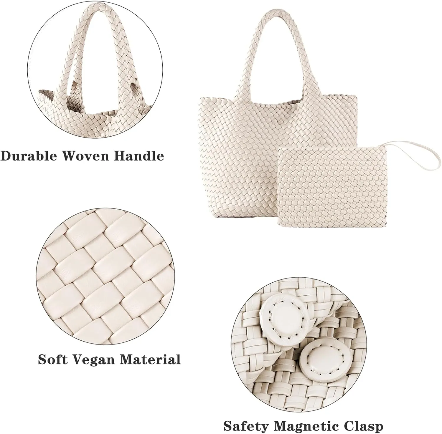SporGenius Woven Tote Bag for Women, Vegan Leather Beach Bags with Small Purse, Large Travel Top Handle Handbags