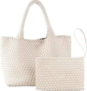 SporGenius Woven Tote Bag for Women, Vegan Leather Beach Bags with Small Purse, Large Travel Top Handle Handbags