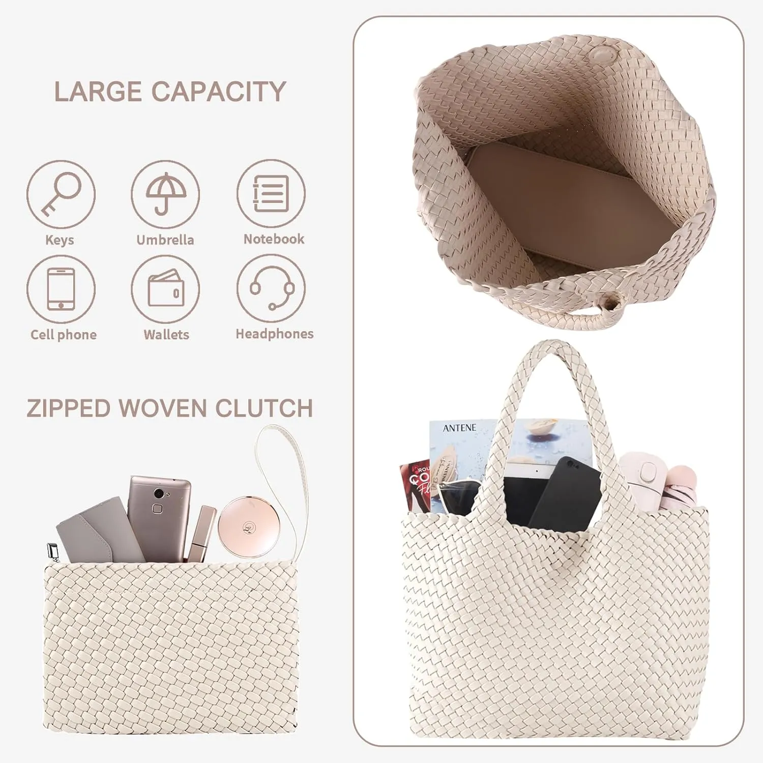 SporGenius Woven Tote Bag for Women, Vegan Leather Beach Bags with Small Purse, Large Travel Top Handle Handbags