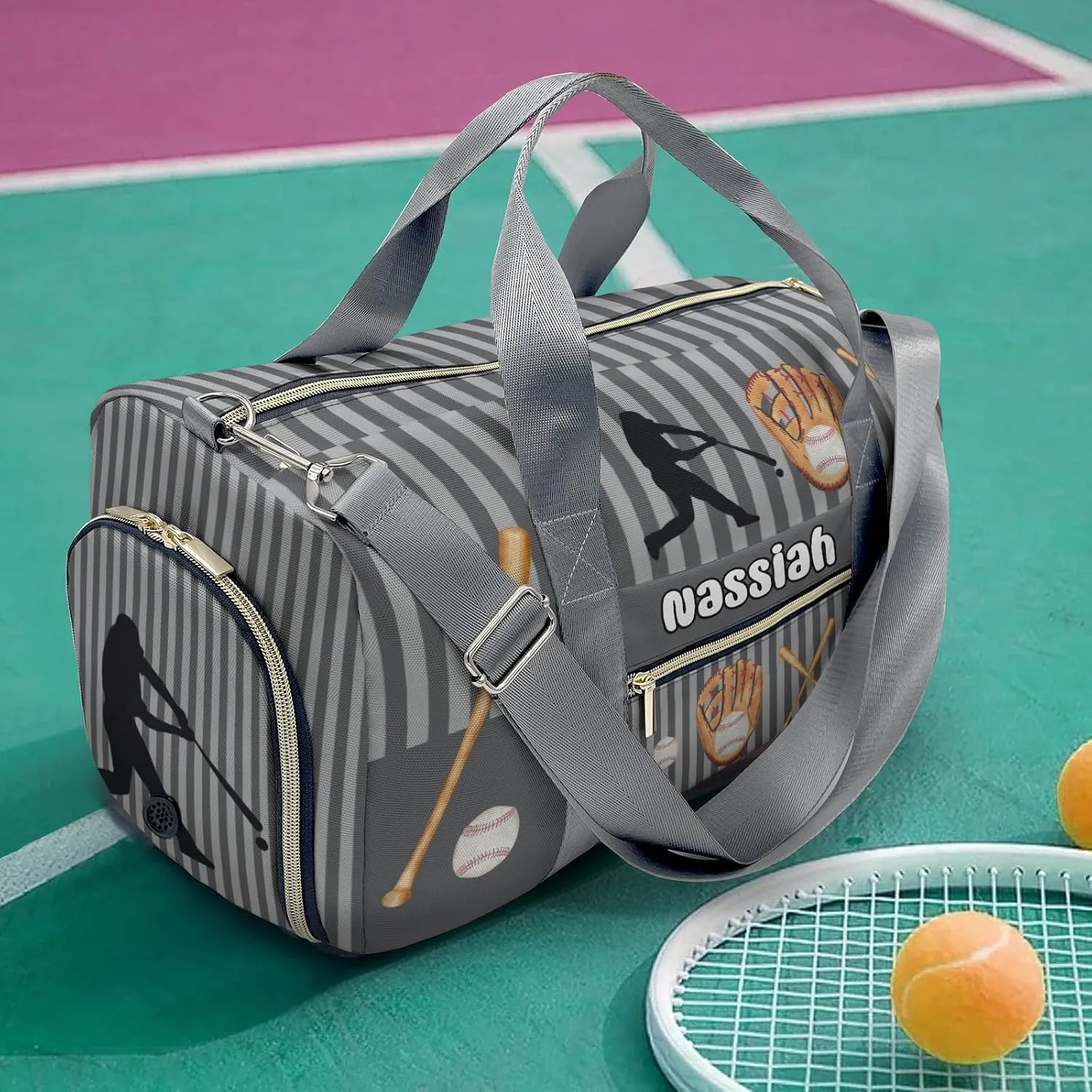 Sport Player Gym Bags Travel Duffle Bag,Baseball Player Stripes Gray Weekender Duffel Bag with Shoe Compartment,Personalized Workout Duffle Sports Bag for Travel Yoga