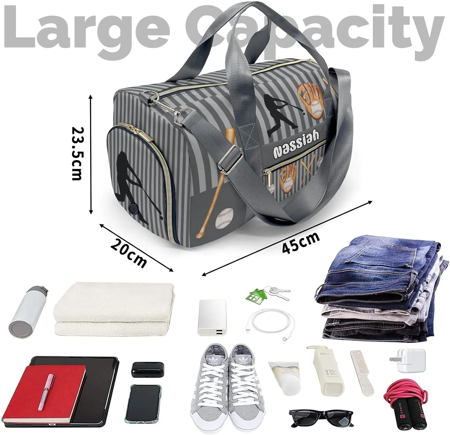 Sport Player Gym Bags Travel Duffle Bag,Baseball Player Stripes Gray Weekender Duffel Bag with Shoe Compartment,Personalized Workout Duffle Sports Bag for Travel Yoga