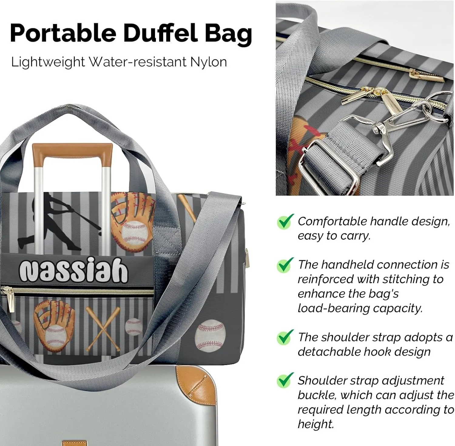 Sport Player Gym Bags Travel Duffle Bag,Baseball Player Stripes Gray Weekender Duffel Bag with Shoe Compartment,Personalized Workout Duffle Sports Bag for Travel Yoga