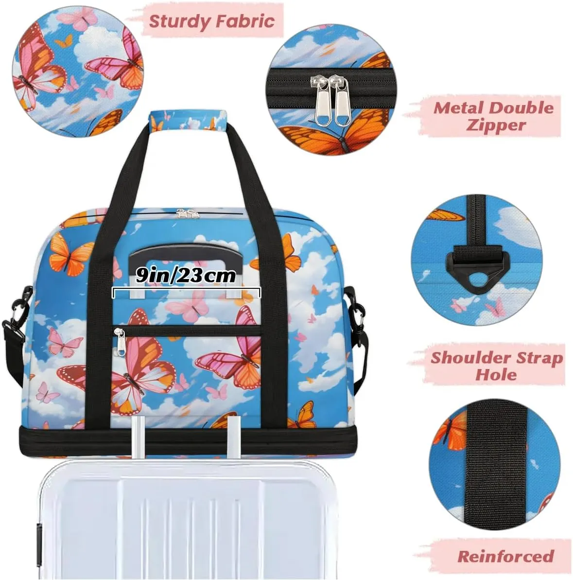 Sports Duffel Bag, Foldable Flying Butterflies Travel Duffel Bag, Gym Yoga Beach Bag Weekender Overnight Bag with Shoes Compartment for Men Women, Colorful Butterfly