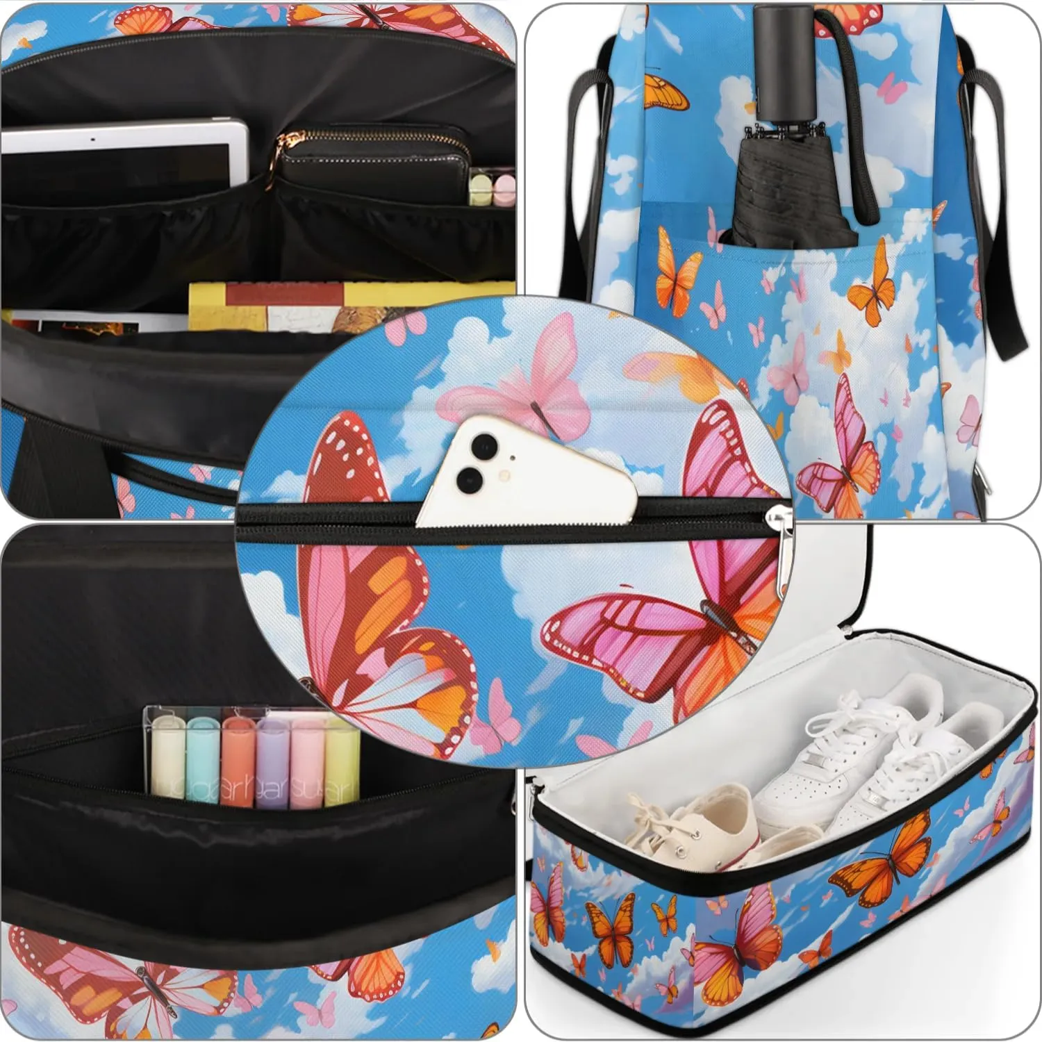 Sports Duffel Bag, Foldable Flying Butterflies Travel Duffel Bag, Gym Yoga Beach Bag Weekender Overnight Bag with Shoes Compartment for Men Women, Colorful Butterfly