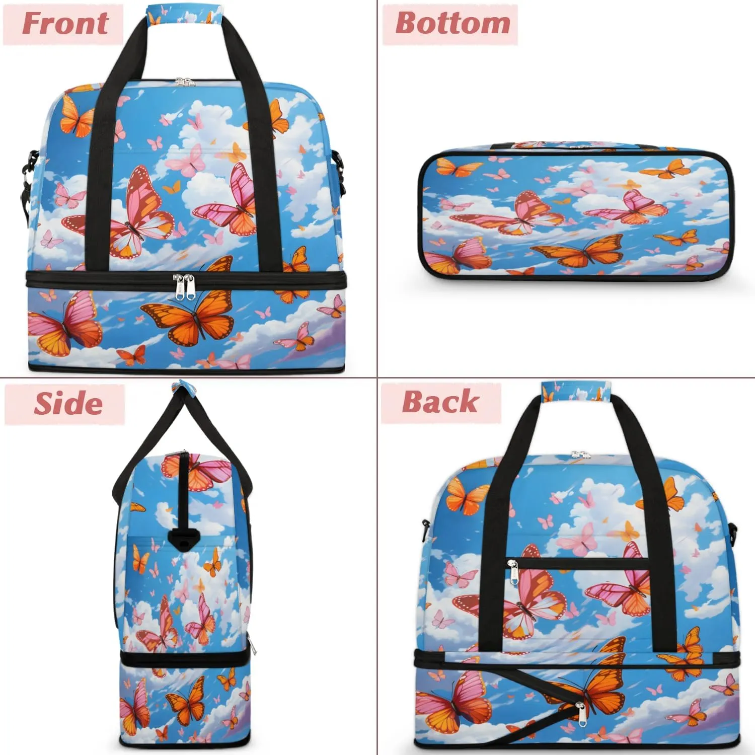Sports Duffel Bag, Foldable Flying Butterflies Travel Duffel Bag, Gym Yoga Beach Bag Weekender Overnight Bag with Shoes Compartment for Men Women, Colorful Butterfly