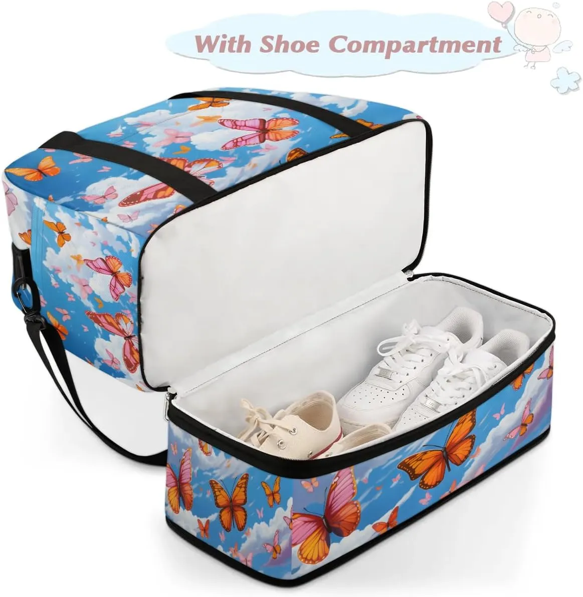 Sports Duffel Bag, Foldable Flying Butterflies Travel Duffel Bag, Gym Yoga Beach Bag Weekender Overnight Bag with Shoes Compartment for Men Women, Colorful Butterfly