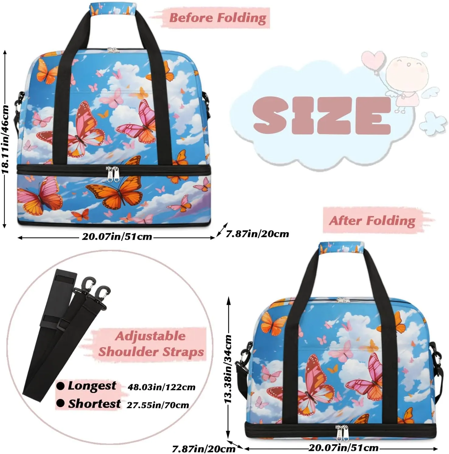 Sports Duffel Bag, Foldable Flying Butterflies Travel Duffel Bag, Gym Yoga Beach Bag Weekender Overnight Bag with Shoes Compartment for Men Women, Colorful Butterfly