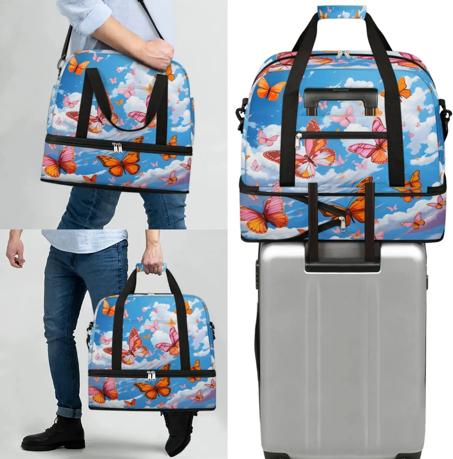 Sports Duffel Bag, Foldable Flying Butterflies Travel Duffel Bag, Gym Yoga Beach Bag Weekender Overnight Bag with Shoes Compartment for Men Women, Colorful Butterfly
