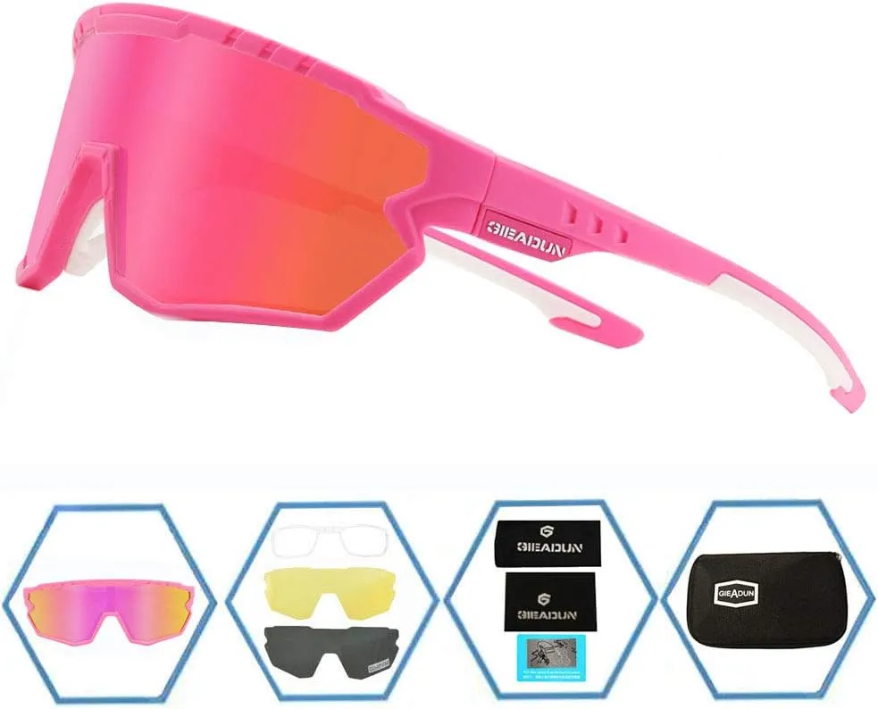 Sports Sunglasses Cycling Glasses Pink Polarized Glasses Baseball glasses with 3 lenses,Fishing,Ski Running Golf