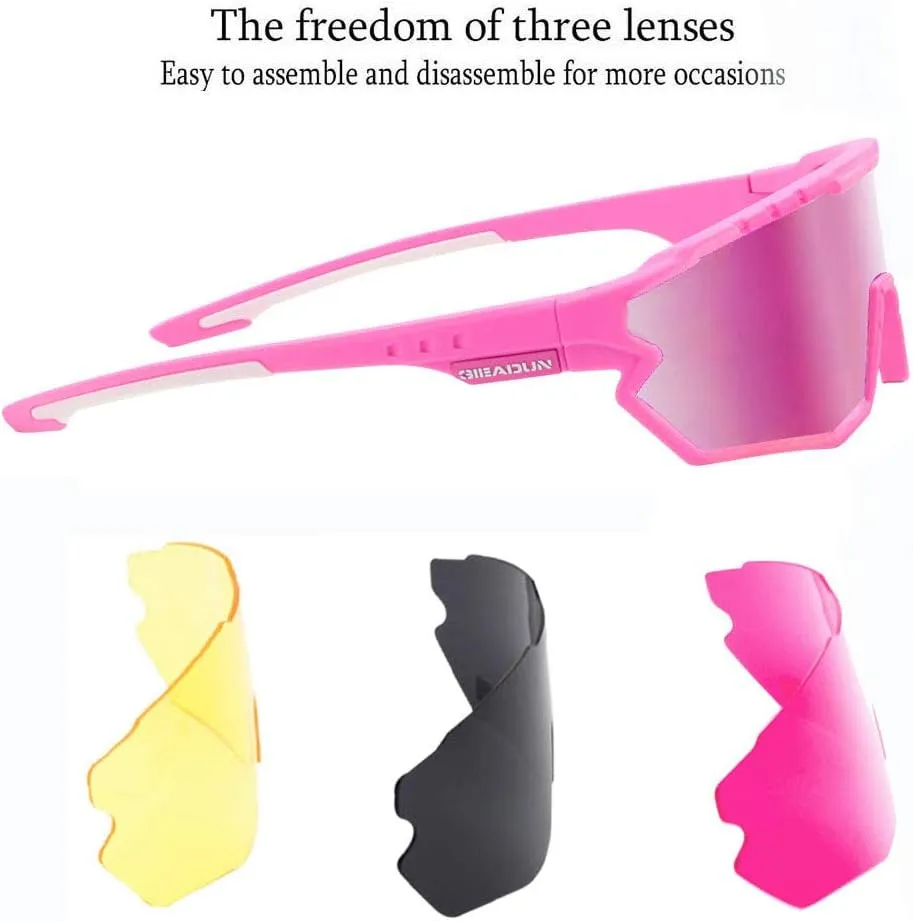 Sports Sunglasses Cycling Glasses Pink Polarized Glasses Baseball glasses with 3 lenses,Fishing,Ski Running Golf