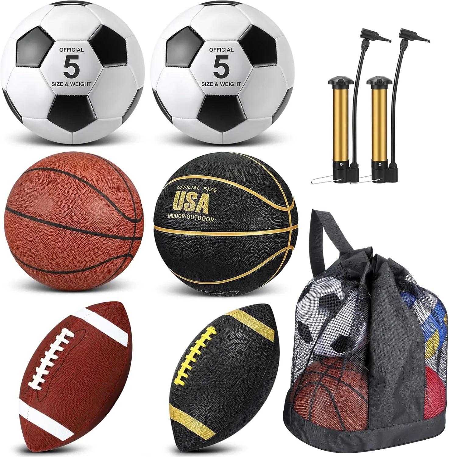 Sratte 6 Pcs Sports Balls Set for Teens Adults Includes Official Size Football, Soccer, Basketball with Pump Sports Equipment Bag for Training Practice Gift Back to School