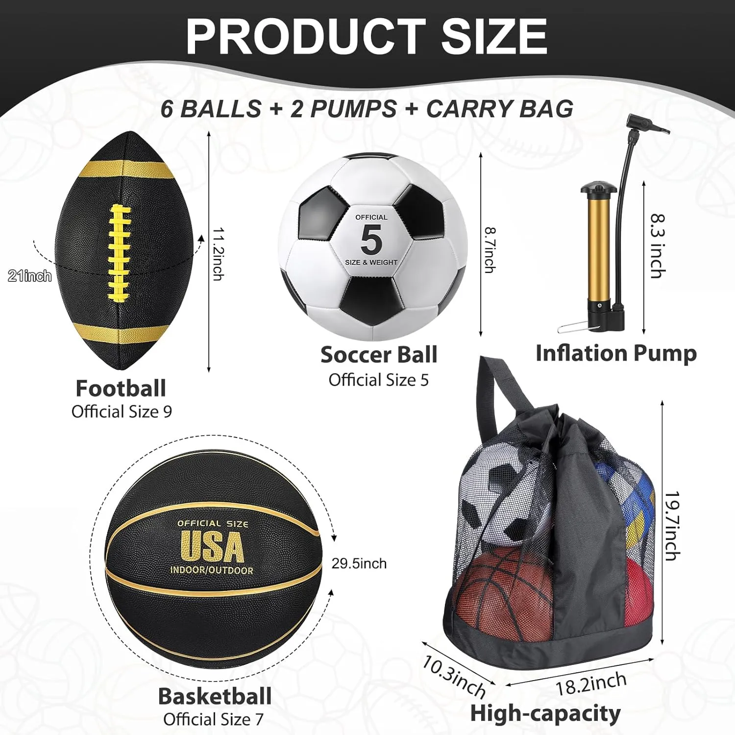 Sratte 6 Pcs Sports Balls Set for Teens Adults Includes Official Size Football, Soccer, Basketball with Pump Sports Equipment Bag for Training Practice Gift Back to School