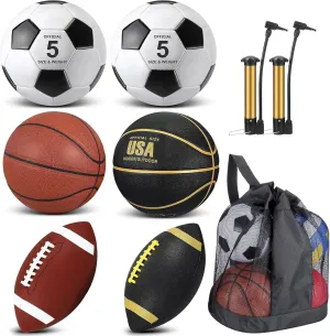 Sratte 6 Pcs Sports Balls Set for Teens Adults Includes Official Size Football, Soccer, Basketball with Pump Sports Equipment Bag for Training Practice Gift Back to School