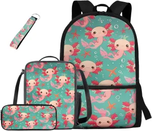 Starfish Axolotl Girls Backpack Purse Toddler 4 Pieces Matching Bookbag and Lunch Box for Girls Lightweight School Bag for Primary School Students