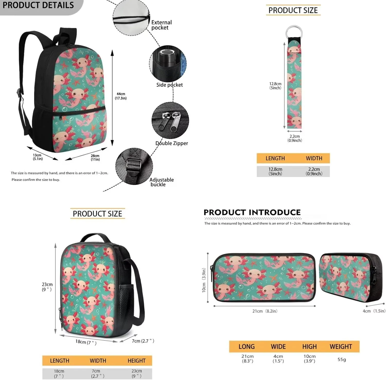 Starfish Axolotl Girls Backpack Purse Toddler 4 Pieces Matching Bookbag and Lunch Box for Girls Lightweight School Bag for Primary School Students
