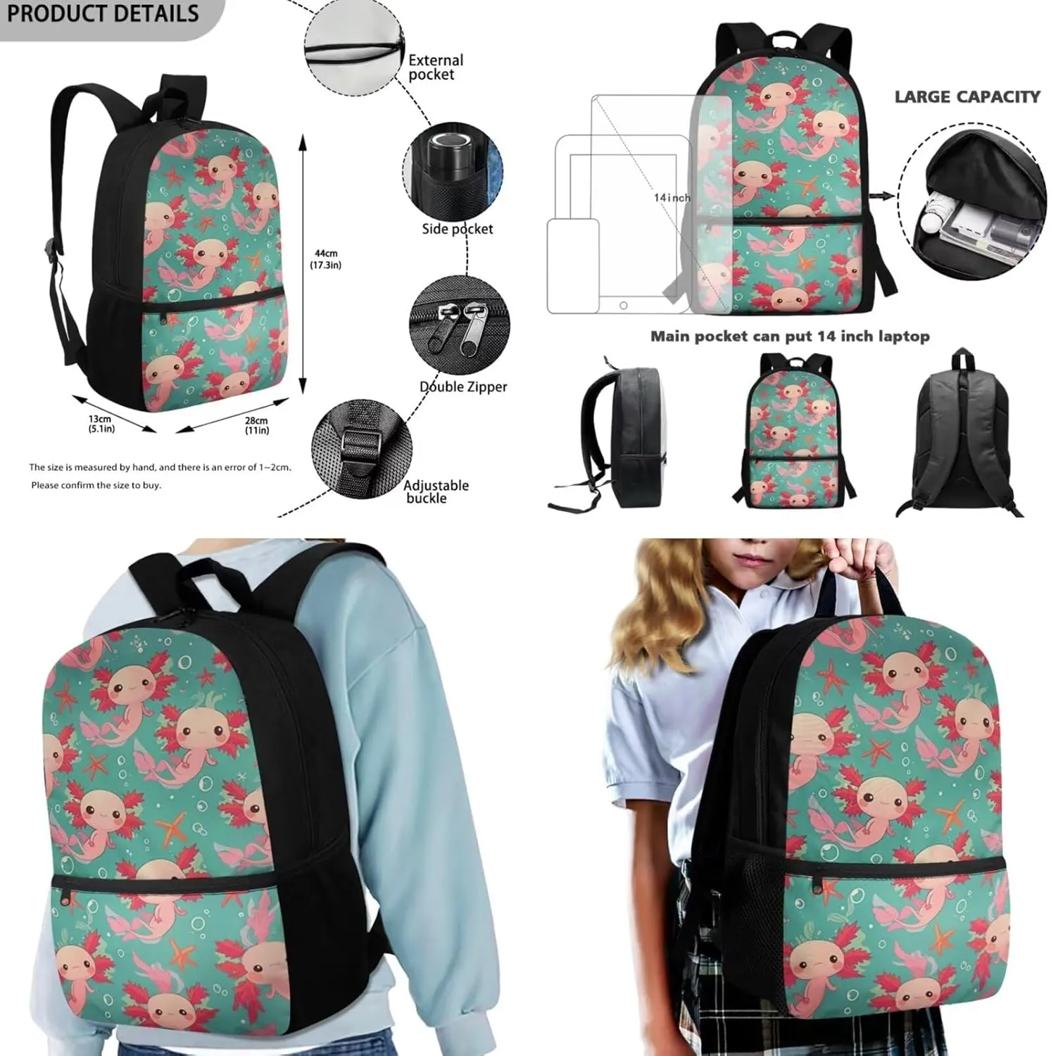 Starfish Axolotl Girls Backpack Purse Toddler 4 Pieces Matching Bookbag and Lunch Box for Girls Lightweight School Bag for Primary School Students