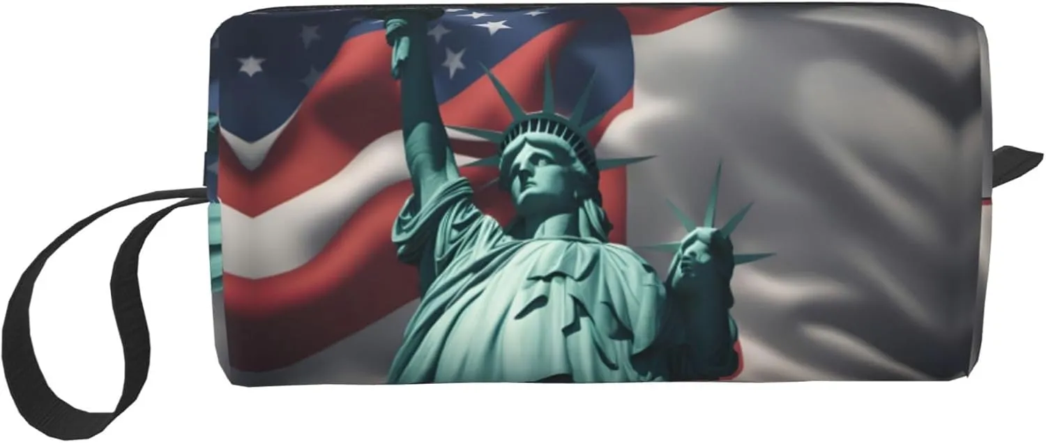 Statue of Liberty Flag print Travel Toiletry Pouch, Pencil Bag Canvas Makeup Bag, Multi-Purpose Cosmetic Bag with Zipper