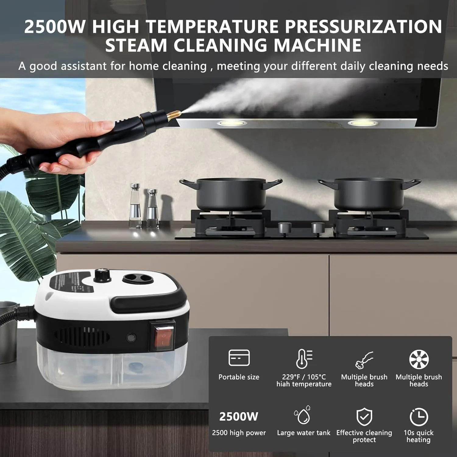 Steam Cleaner, 2500W Handheld High Pressure Steam Cleaner with 3 Brush Heads, Portable Steam Cleaner for Home, Furniture, Kitchen, Bathroom and Car Detailing