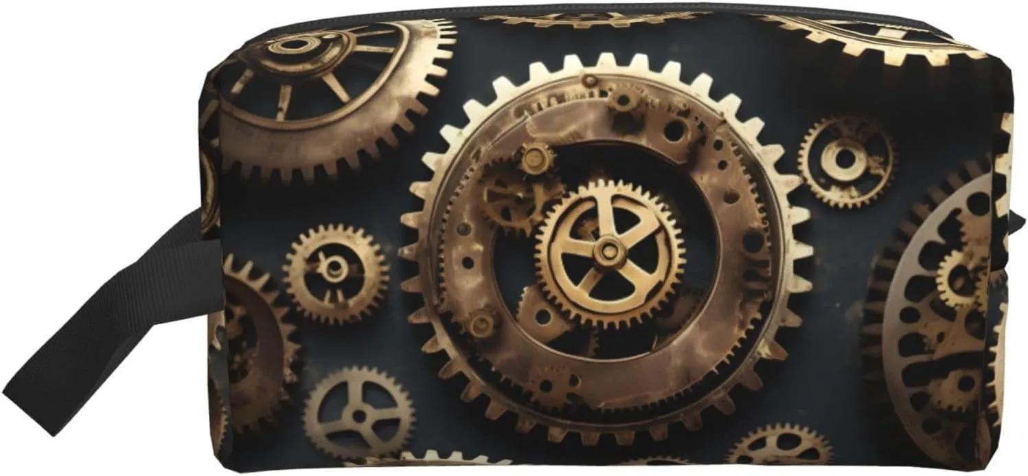 Steampunk Gears Print Large Capacity Zippered Storage Bag Travel Cosmetic Organizer for Toiletries Makeup