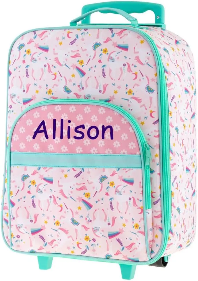 Stephen Joseph Kids Rolling Luggage, Unicorn All Over Print, Carry On Suitcase, Travel Bag with Storage, Personalized with Custom Name